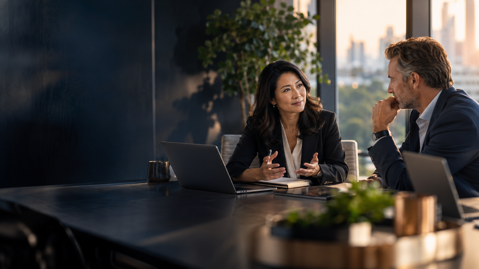 A recruiter and executive in a thoughtful hiring conversation